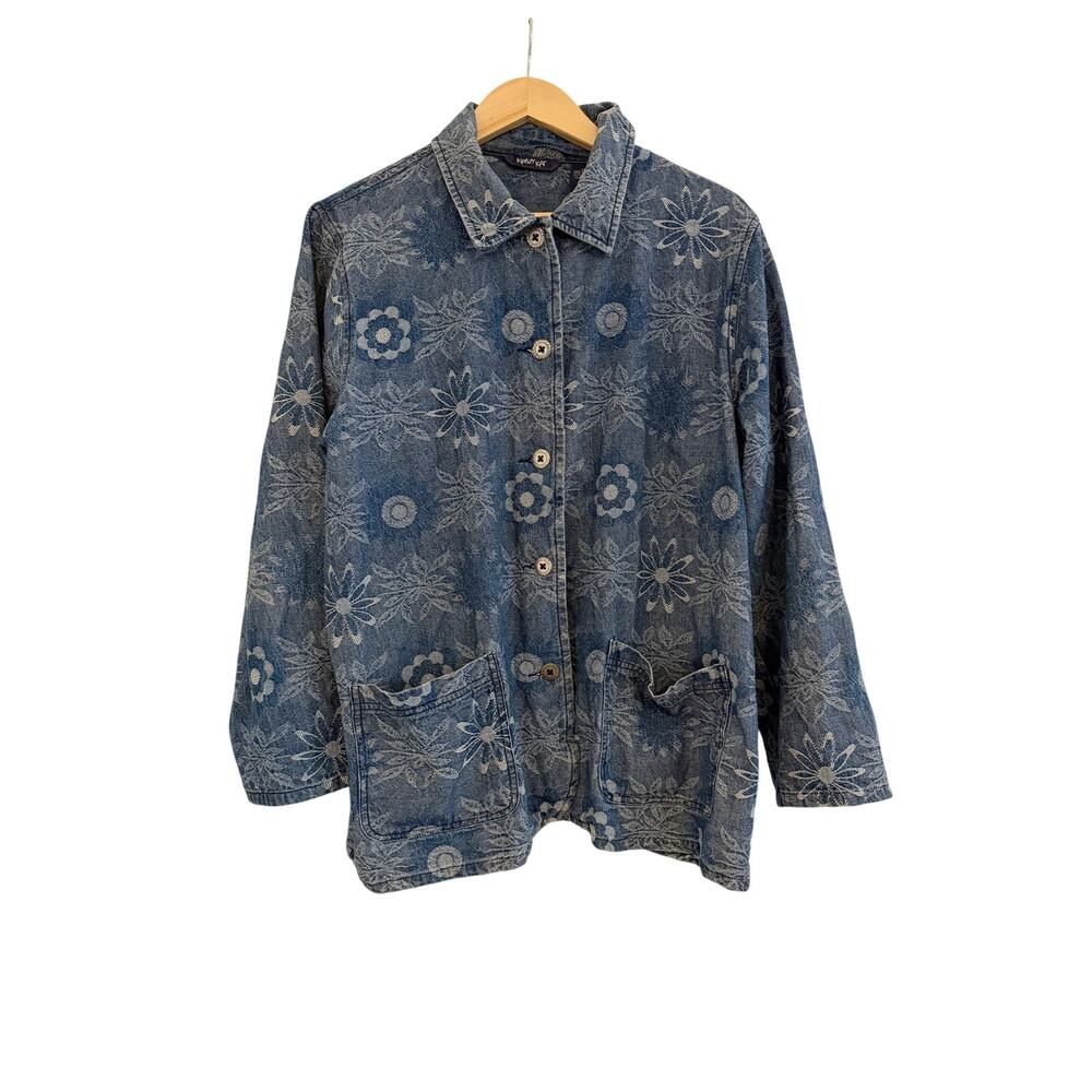 Krazy Cat Vintage 90s Cottagecore Patchwork Floral Boho Oversized Denim Jacket L